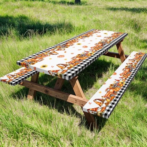 Fall Picnic Table Cover with Bench Covers, Camping Essentials, Buffalo Plaid Thanksgiving Pumpkin Waterproof Windproof, Fitted Tablecloth Cover with Elastic Edge, Indoor & Outdoor, 3 PCS, 30x72 Inch - Image 2