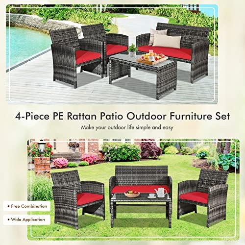 Goplus 4-Piece Rattan Patio Furniture Set, Outdoor Wicker Conversation Sofa with Weather Resistant Cushions and Tempered Glass Tabletop for Lawn Backyard Pool Garden (Red) - Image 5