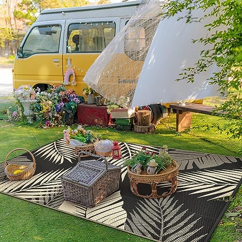 GENIMO Outdoor Rug, Waterproof Plastic Rugs for Patio, 6'x9' Black Beige - Image 3