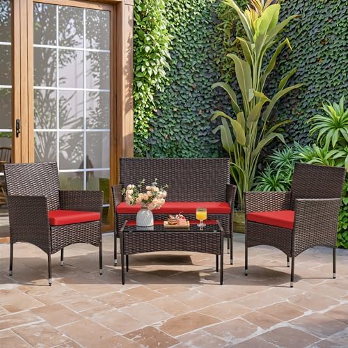 Homall 4 Pieces Patio Rattan Chair Wicker, Outdoor Indoor Use Backyard Porch Garden Poolside Balcony Furniture Sets (Red) - Image 5