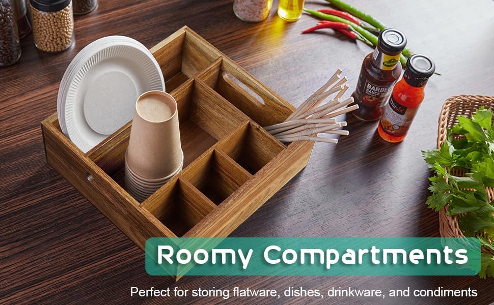 ALELION Acacia Wood Utensil Holder for Party - Paper Plate Organizer for Countertop - Silverware Caddy with 6 Compartments for Plate, Cup, Fork, Spoon - Cutlery Holder for Kitchen Camping Buffet - Image 7