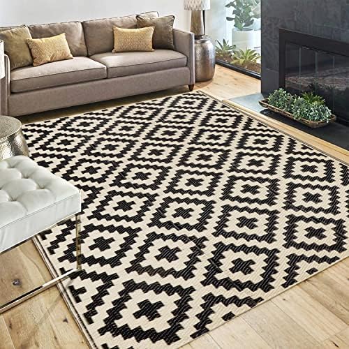 SAND MINE Reversible Mats, Plastic Straw Rug, Modern Area Rug, Large Floor Mat and Rug for Outdoors, RV, Patio, Deck, Beach, Camping (Black & Beige Lattice, 4' x 6', -3% to 5% Size Variance) by SANDMIND
