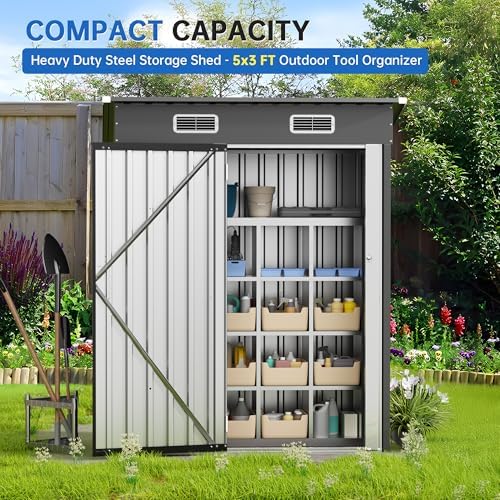 5 x 2.5 FT Lockable Metal Garden Shed, Outdoor Metal Storage Sheds Multi-Used, Vertical Outdoor Steel Storage Sheds, Compact Metal Tool Shed with Sloping Roof - Image 4