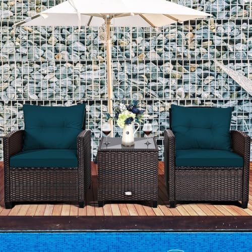 RELAX4LIFE 3 Piece Patio Furniture Set, Wicker Bistro Conversation Set w/2 Cushioned Armchairs & Glass Topped Table, Outdoor Rattan Sofa Set Patio Furniture for Porch Balcony Poolside (Peacock Blue) - Image 2