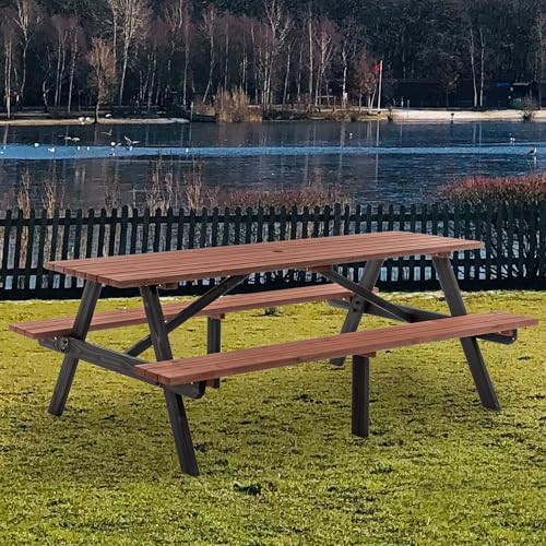 75'' Rectangular Outdoor Dining Table Wooden Patio Dining Table & 2 Built-in Bench for 8, 2" Umbrella Hole, Suitable for Picnic Backyard Garden Porch, Wood Brown - Image 4