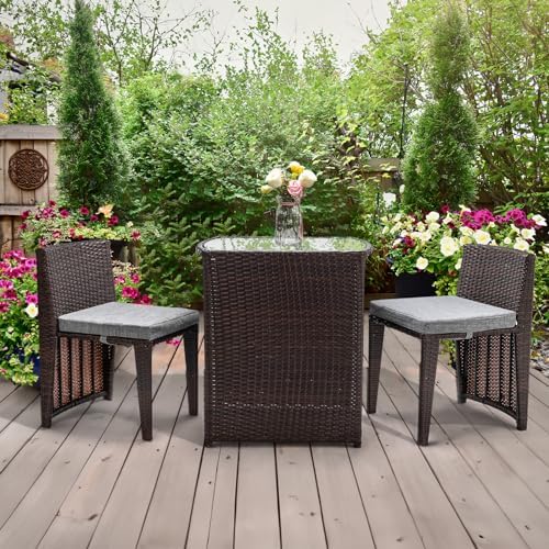 Bonnlo 3 PCS Wicker Outdoor Patio Bistro Set, Patio Furniture Set for Small Space with Glass Top Table Dining Chairs, Balcony Furniture Patio Table and Chairs Set of 2 for Garden Yard Porch (Brown) - Image 6
