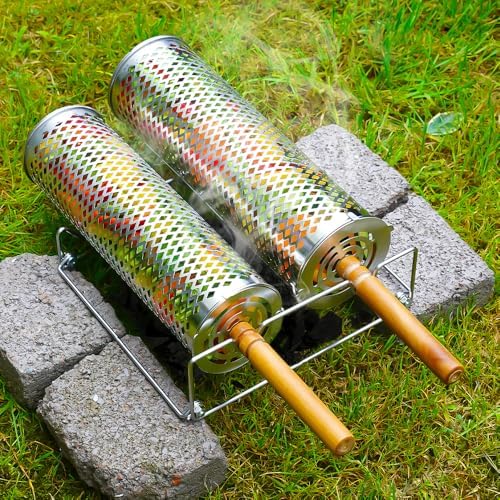 Rolling Grill Baskets (2PCS), Removable Wooden Handle, 304 Stainless Steel, Nesting Grilling Net, BBQ Accessories Tools for Vegetable Shrimp, Outdoor Cooking Camping, Birthday Gifts for Men/Dad/Husband (Perforated BBQ Cylinder Set (2 Pcs)) - Image 3