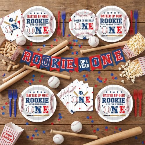 Rookie of the Year First Birthday Decorations, 96Pcs Rookie Year 1st Paper Plates and Napkins Party Tableware Decorations, Baseball Theme One Years Old Forks Decor Supplies for Sports Baby Boy - Image 6