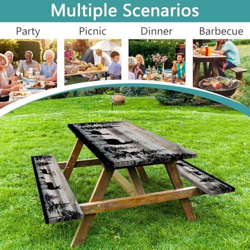 Forest Deer Picnic Table Cover with Bench Covers and Bag, Camping Essentials, Waterproof Windproof, Fitted Tablecloth Cover with Elastic Edge, for Indoor & Outdoor, Garden, 3 PCS, 30x96 Inch - Image 3
