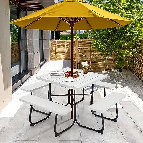 Tangkula 8 Person Square Picnic Table with 4 Built-in Benches, White - Image 2