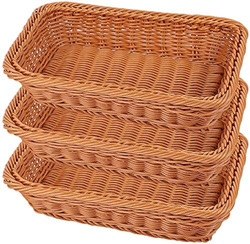 KEILEOHO 3 Packs Poly Wicker Bread Baskets of 12 Inch, Handmade Woven Pantry Organizer, Tabletop Food Serving Baskets for Fruits, Vegetables and Snacks, Restaurant, Hotel Serving, Brown by KEILEOHO