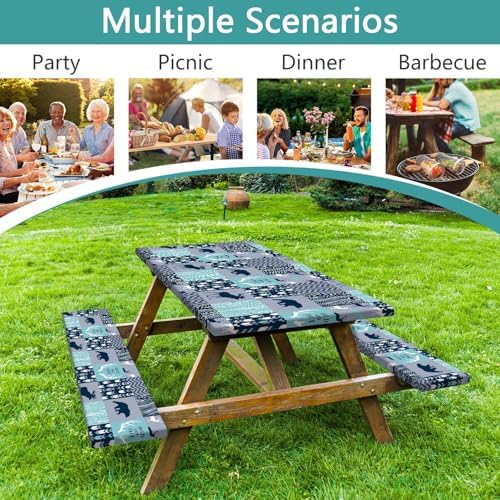 Picnic Table Cover with Bench Covers, Camping Essentials, Rustic Cabin Deer Bear Stripes Waterproof Windproof Patio Table Cover, Fitted Tablecloth Cover with Elastic Edge for Outdoor 3 PCS 30x60 Inch - Image 3