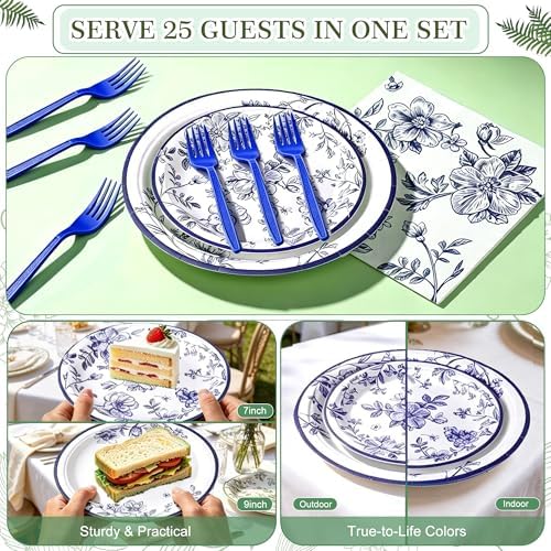 100 Pcs Disposable Blue and White Floral Tableware Set for 25 Guests - Image 6
