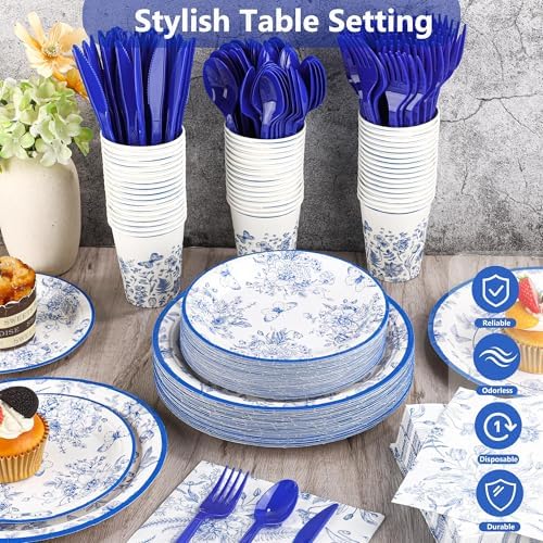 Kochorie 350 PCS Blue Floral Party Supplies Set for 50 Guests Includes White & Blue Floral Plates Cups Napkins Utensils for Spring Dinner, Garden Party, Birthday, Disposable Tableware - Image 4