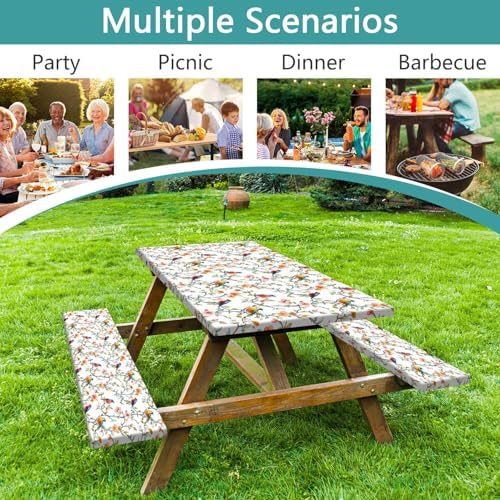 Bird Branch Picnic Table Cover with Bench Covers and Bag, Camping Essentials, Spring Summer Floral Waterproof Windproof, Fitted Tablecloth Cover with Elastic Edge for Outdoor Garden 3 PCS 30x72 Inch - Image 4