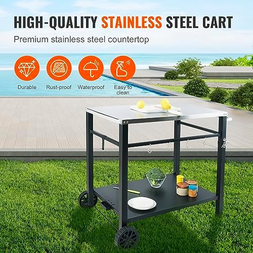 VEVOR Outdoor Grill Cart with Double-Shelf, BBQ Movable Food Prep Table with PVC Placemat, Black Iron Table Top, Portable Modular Carts for Pizza Oven, Worktable with 2 Wheels, Carry Handle - Image 3