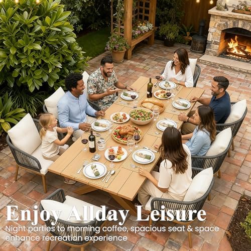 LayinSun 9 Pieces Outdoor Patio Dining Set, Aluminium Rectangular Dining Table and Wicker Rattan Chairs Set for Outside Backyard, Poolside - Image 2