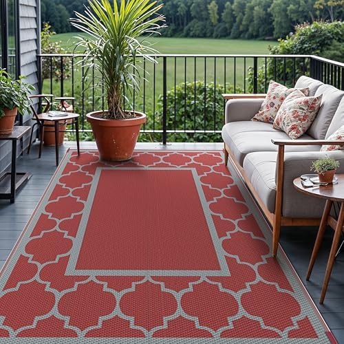 GENIMO Outdoor Rug, Waterproof Plastic Rugs for Patio, 5'x8' Red Grey - Image 3