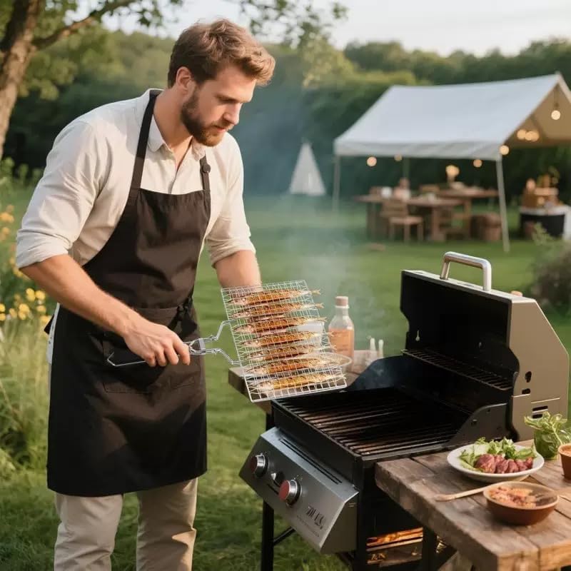 BBQ Grill Basket, 430 Food Grade Stainless Steel Lockable Fish Grill Basket with Removable Handle, Portable Grilling Rack for Whole Fish, Steak, Shrimp and Vegetables, Outdoor Camping Barbecue - Image 2