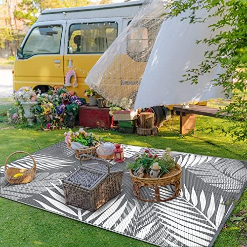GENIMO Outdoor Rug, Waterproof Plastic Rugs for Patio, 8'x10' Grey White - Image 4