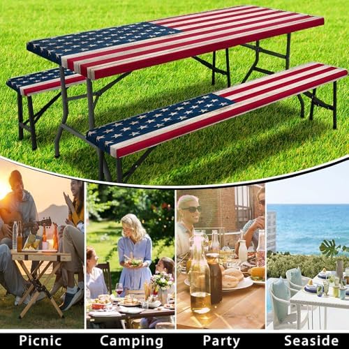 American Flag Picnic Table Cover with Bench Covers, Waterproof Windproof Oilproof, Camping Essentials, Fitted Tablecloth Cover with Elastic Edge, for Indoor & Outdoor, Garden, 3 Pieces Set, 30x96 Inch - Image 5