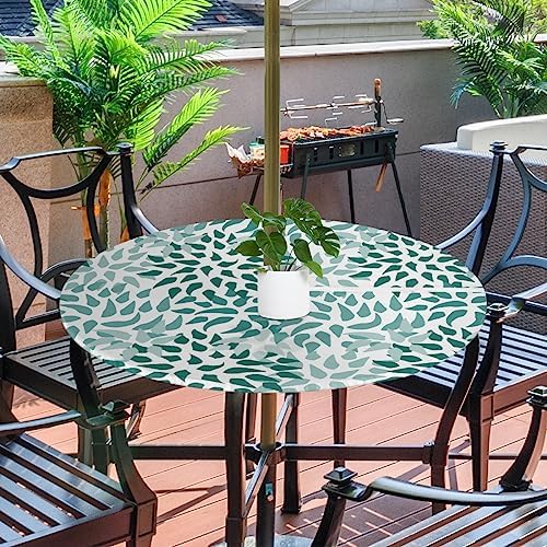Fitted Round Tablecloth with Umbrella Hole and Zipper Abstract Nature Outdoor Elastic Table Cloth 36"-44" Oil-Proof Waterproof Green Nature Patio Table Cover for Picnic Party by GzLeyigouHomeKitchen