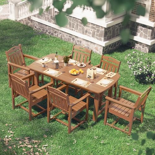 HDPE Outdoor Patio Dining Table with 2" Umbrella Hole, Teak - Image 2
