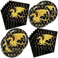 40Pc Gold Black Dragon Party Plates and Napkins for 20 Guests - Tableware Black and Gold Dragon Supplies for Fantasy Baby Shower Birthday Party Decorations by Frypeas