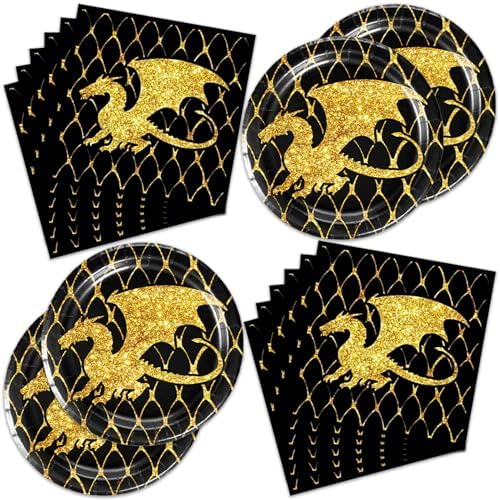 40Pc Gold Black Dragon Party Plates and Napkins for 20 Guests - Tableware Black and Gold Dragon Supplies for Fantasy Baby Shower Birthday Party Decorations by Frypeas