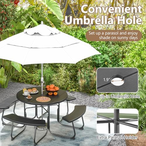 COSTWAY Round Outdoor Picnic Table with Bench Set for 4-8 People (Black) - Image 5