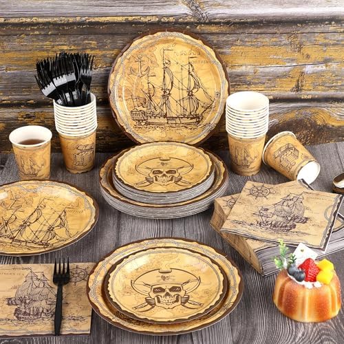 Kochorie 144 Pieces Pirate Party Supplies, Treasure Map Tableware Sets Including Disposable Paper Plates Napkins Cups Forks Serves 24 for Treasure Theme Birthday Party Decorations - Image 4
