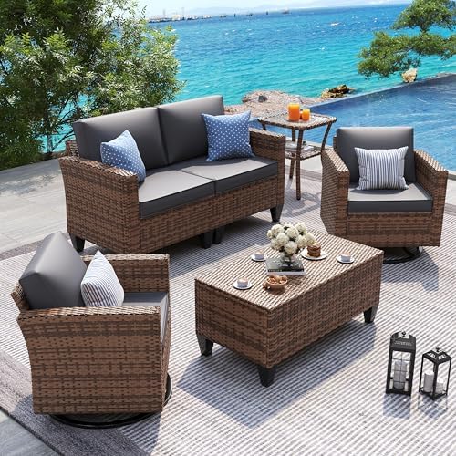 UDPATIO Patio Furniture Set, 5 Pieces Outdoor Furniture Sets with Rocking Swivel Chairs, Wicker Rattan Outdoor Conversation Set with Storage Table and Waterproof Covers for Backyard, Deck, Porch, Grey by UDPATIO