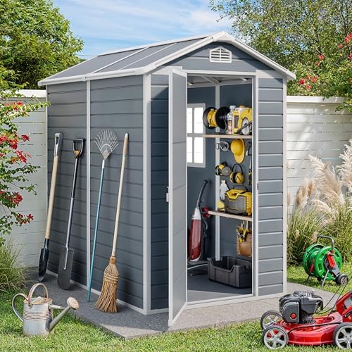 Gizoon 6x4 FT Outdoor Storage Shed with Floor, Resin Garden Tool Shed with Lockable Doors, Window, Vents, Reinforced Steel Frame, Waterproof Plastic Storage Sheds for Backyard, Patio, Lawn - Image 3