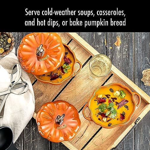 STAUB Ceramic 0.75-qt Petite Pumpkin, Oven & Stove Safe up to 572°F, Pumpkin Dish, Baking Candy Burnt Orange - Image 3