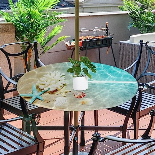 Fitted Round Tablecloth with Umbrella Hole and Zipper Starfish Coral Seashell Outdoor Elastic Table Cloth 36"-44" Oil-Proof Waterproof Summer Beach Patio Table Cover for Picnic Party - Image 2