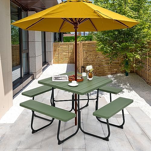 Moccha Picnic Table Bench Set - Outdoor Table and Chairs with Umbrella Hole, HDPE Tabletop & Metal Frame, 500LBS Capacity, Outdoor Camping Table for Garden Backyard Porch Patio Table Set (Green) - Image 6