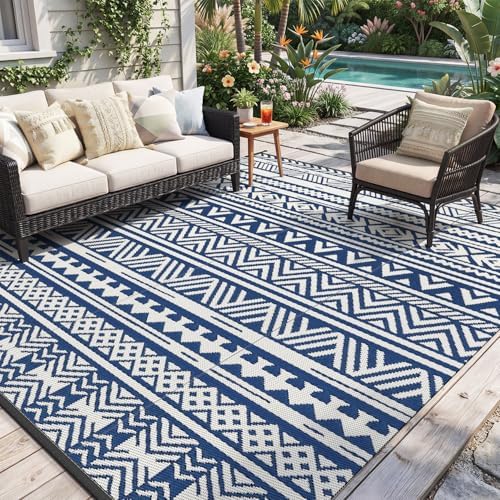 MontVoo-Outdoor Rug Carpet Waterproof 5x8 ft Reversible Patio Rug RV Camping Rug-Plastic Straw Rug Outside Indoor Outdoor Area Rug for Patio Deck Balcony Picnic Beach Outdoor Decor Boho Navy Blue by MontVoo