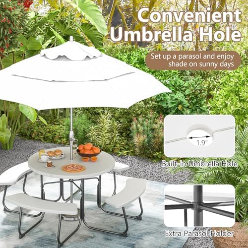 COSTWAY Round Outdoor Picnic Table with Bench Set for 4-8 People (White) - Image 6