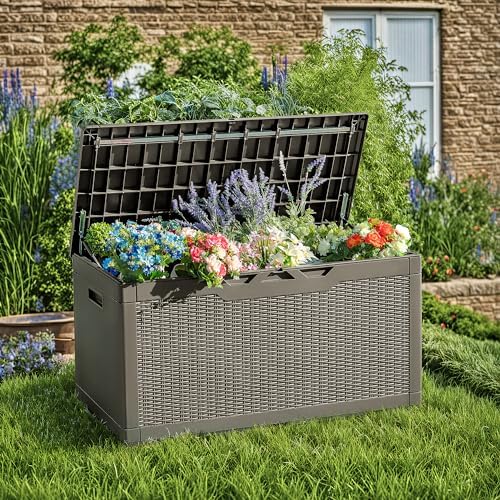Devoko 97 Gallon Deck Box, Waterproof Resin Outdoor Storage Box for Outside and Patio, Large Outdoor Storage Bench Cabinet Lockable for Patio Furniture, Garden Tools and Pool Supplies (Brown) - Image 3