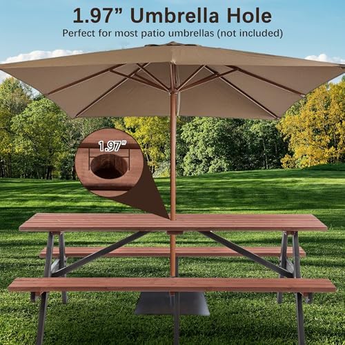 75'' Rectangular Outdoor Dining Table Wooden Patio Dining Table & 2 Built-in Bench for 8, 2" Umbrella Hole, Suitable for Picnic Backyard Garden Porch, Wood Brown - Image 3