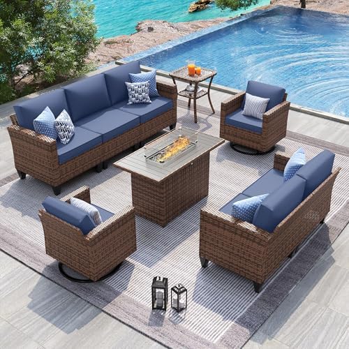UDPATIO Patio Furniture Set with Fire Pit Table and Swivel Rocking Chairs, 6 Pieces Outdoor Wicker Furniture Set with Waterproof Cover, 4'' Thickened Cushion, Navy by UDPATIO