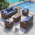 UDPATIO Patio Furniture Set with Fire Pit Table and Swivel Rocking Chairs, 6 Pieces Outdoor Wicker Furniture Set with Waterproof Cover, 4'' Thickened Cushion, Navy by UDPATIO