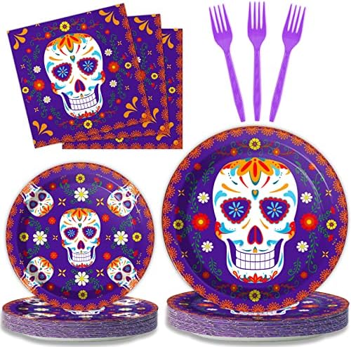 96 Pcs Day of The Dead Tableware Set Colorful Skull Marigold Decors Mexican Fiesta Theme Party Dessert Plates Napkins Forks for Day of The Dead Party 24 Guests by Wiooffen