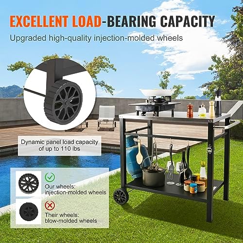 VEVOR Outdoor Grill Dining Cart with Double-Shelf, BBQ Movable Food Prep Table, Multifunctional Stainless Steel Table Top, Portable Modular Carts for Pizza Oven, Worktable with 2 Wheels, Carry Handle - Image 5
