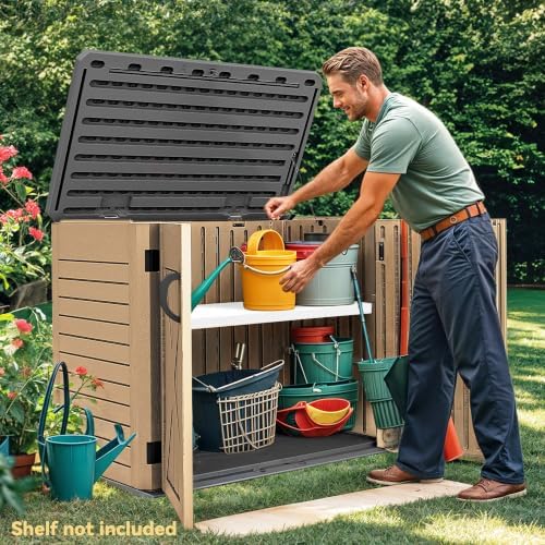 DWVO Outdoor Storage Shed, Weatherproof Resin, 35 Cu Ft Capacity, Horizontal Design, X-Shaped Lockable Door, Suitable for Bike, Garden Tools, Trash Cans, Brown - Image 6
