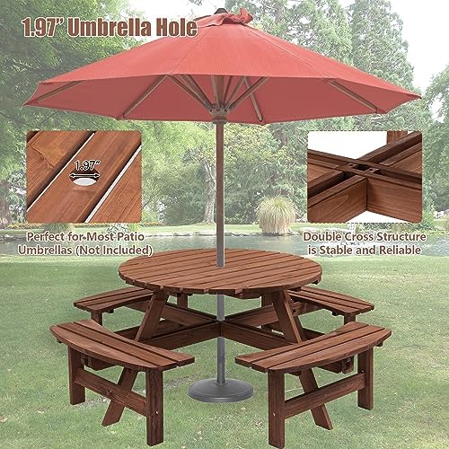 8 Person Wooden Picnic Table, Outdoor Camping Dining Table with Seat, Garden, DIY w/ 4 Built-in Benches, 2220lb Capacity Brown - Image 7
