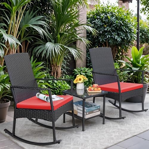 Greesum 3 Pieces Patio Furniture Set Outdoor Wicker Rocking Chairs,Red - Image 2