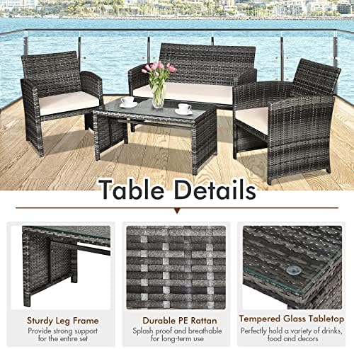 Goplus 4-Piece Rattan Patio Furniture Set, Outdoor Wicker Conversation Sofa with Weather Resistant Cushions and Tempered Glass Tabletop for Lawn Backyard Pool Garden (Beige) - Image 3