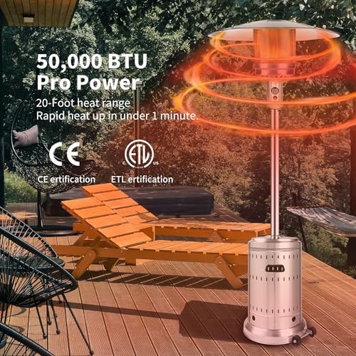 50,000 BTU Outdoor Propane Patio Heater with Wheels – All-Stainless Steel Gas Heater, Weighted Base, Easy Ignition & Safety Tilt Shut-Off for Patio, Backyard, Garden & Commercial Use - Image 4