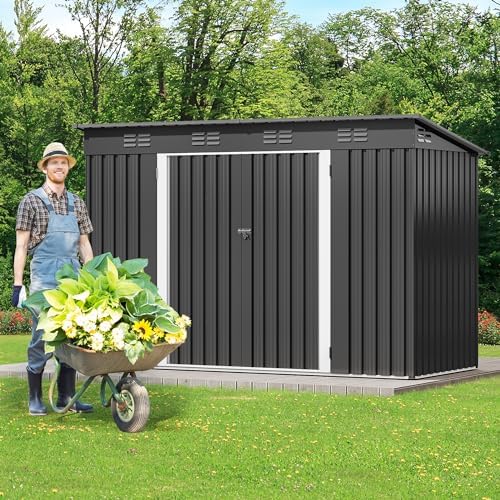 DWVO 9x4ft Large Tool Storage Shed with Window, Lockable Doors, and Sloped Roof, Oversized Steel Outdoor Storage Shed for Garden, Patio, Garage, Backyard, Lawn - Dark Gray - Image 2